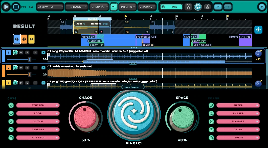 EEY Creative Chopper: the RESULT timeline with chops across three layers, effect bands and the Magic! button